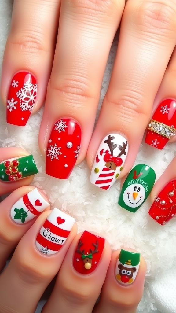 A variety of Christmas-themed nail art designs including snowflakes, Christmas trees, and candy canes.